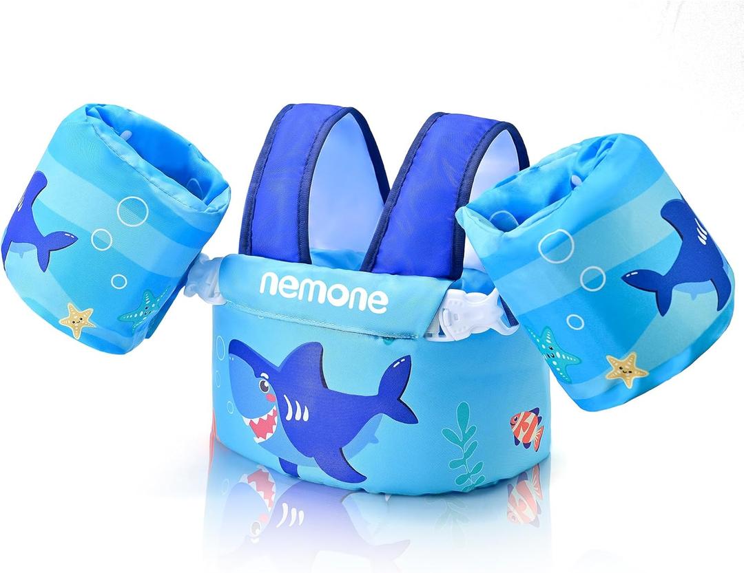 Nemone Toddler Swim Vest for 22-70 lbs Kids Floaties Swim Jacket with Arm Water Wings for Girls Boys 1 2 3 4 5 6 7 Years Old Beach Pool 20 30 40 50 60 66 Pounds Puddle Jumper (Lucky Shark)