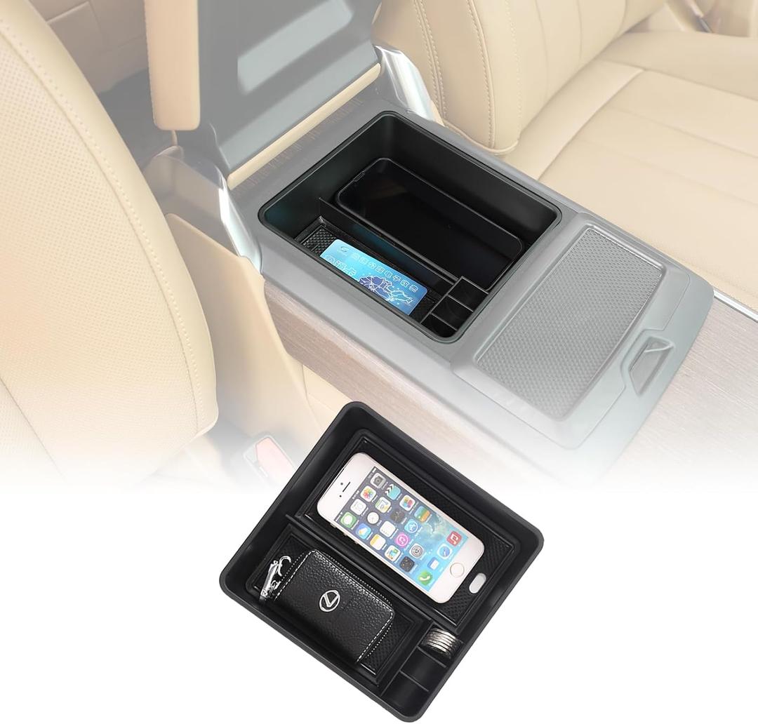 Center Console Organizer Tray Compatible with Land Rover Range Rover Sport 2023 2024 2025 Accessories, Center Console Armrest Tray Storage Box ABS Black (Without Refrigerator)