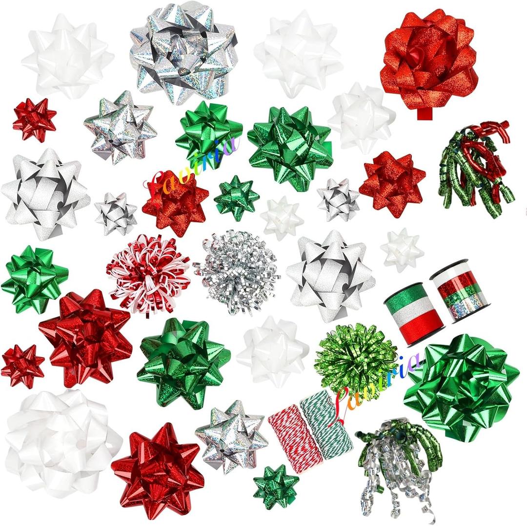 37 Pcs Gift Bows Assortment for Gift Wrapping - 7 Rolls Curling Ribbons 28 Christmas Bows 3 Tinsel Bows and 2 Curly Bows 2 Rolls of Cotton Thread for Present Wrapping Decoration(Red & Green Set)