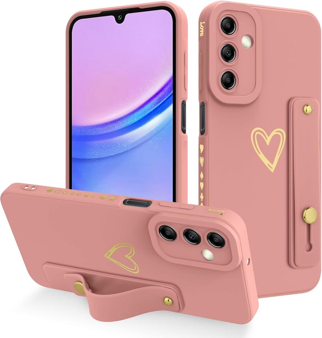 Fiyart Designed for Samsung Galaxy A15 5G Case with Phone Stand Holder Cute Love Hearts Protective Camera Protection Cover with Wrist Strap for Women Girls for Galaxy A15 5G 6.5"-Pink