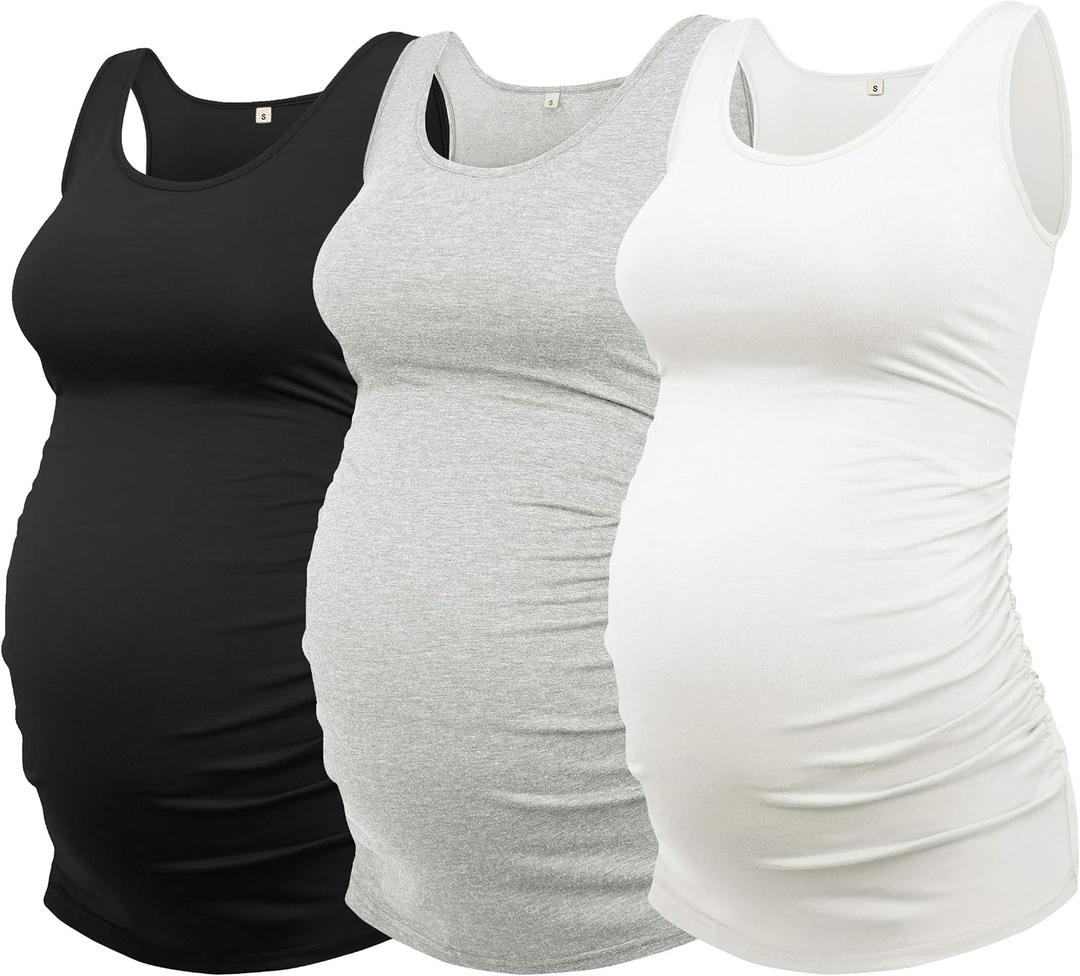AMPOSH Womens Maternity Tank Tops 3 Pack Cotton Sleeveless Ruched Side Pregnancy Postpartum Shirts Soft Stretch Basic Top, M