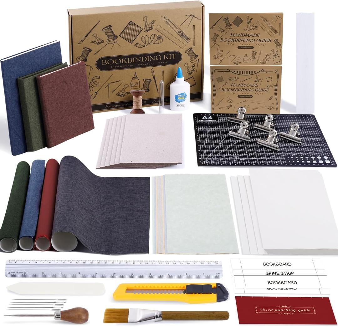 FOGWOWO 145Pcs Book Binding Kits for Beginners,Complete Bookbinding Kit Tools Materials with Instructions and Video Tutorials,Bookbinding Supplies Book Making Kit with A5 Paper Awl for DIY Crafts