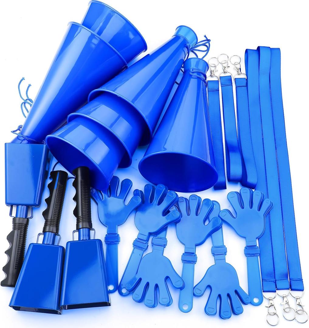 21 Pcs Cheer Cheerleader Team Items, Spirit Game Day World 2026 Stadium Events Accessories Bulk 9" Cow Bell Megaphones Hand Clapper for Sporting Events Soccer Football Basketball Event