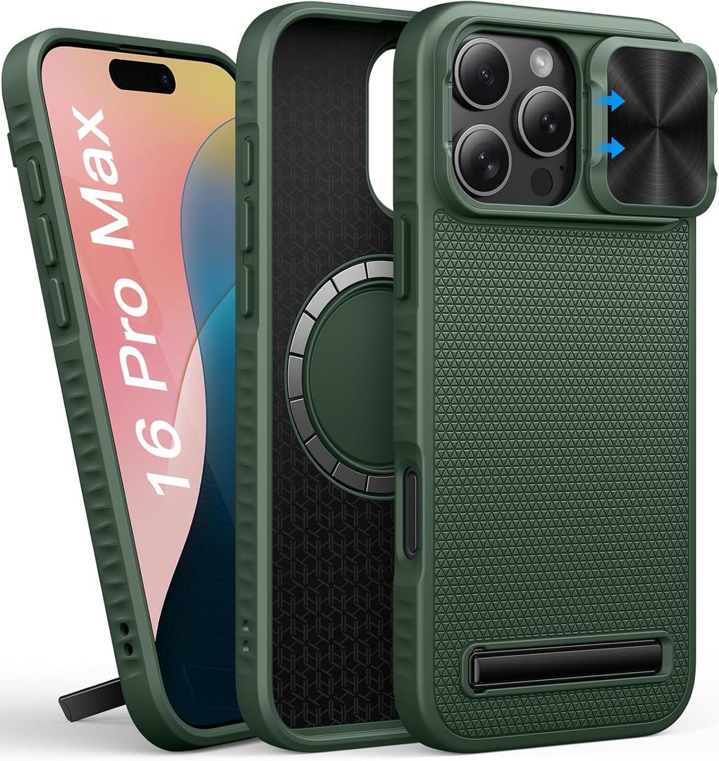 for iPhone 16 Pro Max Case Slim Compatible with MagSafe, Magnetic with Stand, Military-Grade Protection, Built-in Slide Camera Cover, Men Women Protective Phone Case for iPhone 16 Pro Max, Green