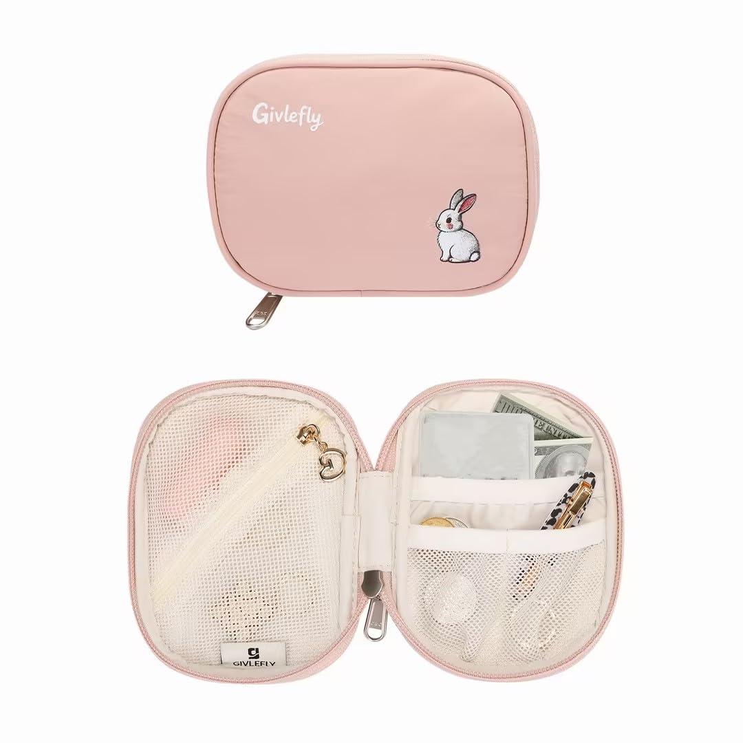 GIVLEFLY Small Pouch for Purse, Waterproof Nylon Zipper Pouch with Double-Sided Compartments, 180-Degree Opening, Mini Coin Purse & Makeup Organizer for Travel, Lipstick, Keys