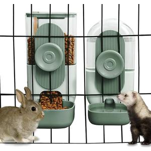 Lemtrflo Hanging Automatic Food and Water Dispenser, Gravity Rabbit Feeder Set, Cage Cat and Bunny Food Bowl (Cage Grid Spacing Over 1.2'') (Green)