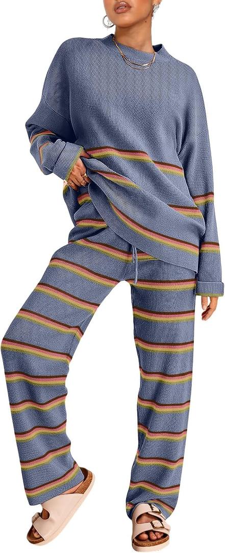 LILLUSORY 2 Piece Sets for Women 2025 Fall Outfits Two Piece Lounge Sets Sweatsuits Striped Knit Sweater Clothes Fashion (Large, Stripes Dustyblue)