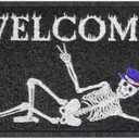 Reallnaive Halloween Door Mat 24 x 16 Inch Halloween Welcome Skull Door Mat Outdoor Non Slip Black Rug Skeleton Skull Doormat Entrance Rugs for Holiday Decoration
