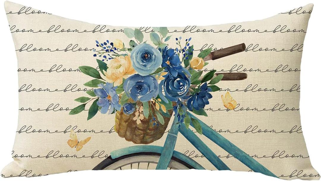4 x Spring Summer Blue Flower Bicycle Lumbar Decorative Throw Pillow Cover, 20" x 12"