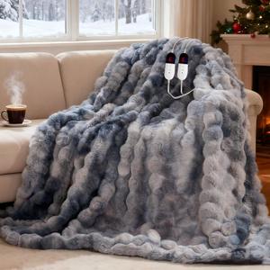 Electric Blanket, Soft Faux Rabbit Fur Bubble Heated Blanket with Dual Control 6 Heating Levels & 10 Hours Auto-Off, Machine Washable, Fast Heating (Black Gray, 84"X90")
