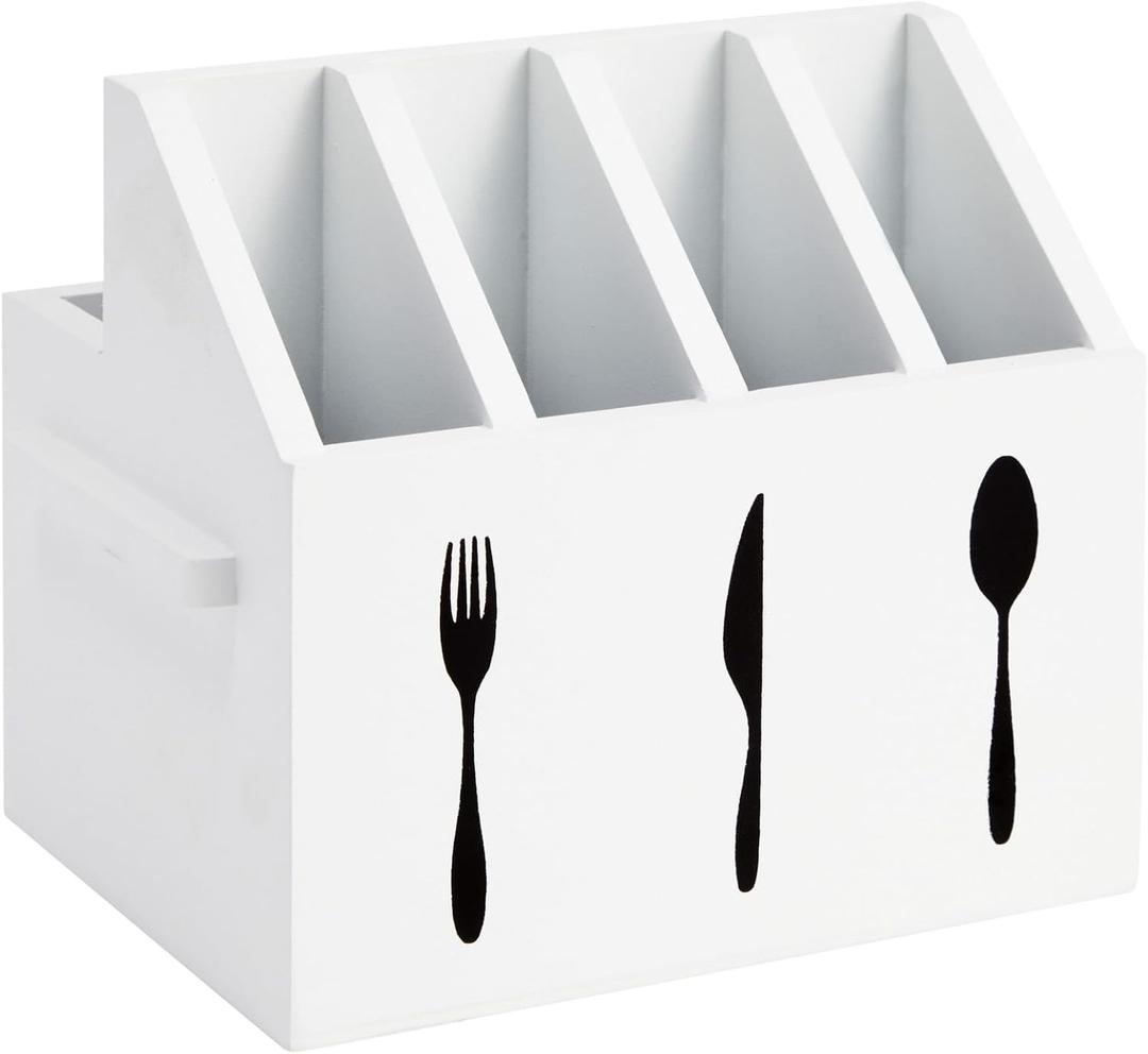 Farmlyn Creek Small Wooden Utensil Holder with 5 Slots for Fork, Knife, and Spoons, Silverware Holder for Countertop, Kitchen Organization, Home, RV, Camper, and Office (White, 7x5.25x6.5 in)