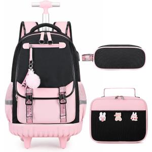 Bevalsa Rolling Backpack for Girls, 3PCS Roller School Backpacks with Lunch Box & Pen Case, Kids Bookbag Schoolbag with Wheels for Teen Girl Kindergarten Elementary Middle School (Pink)