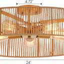 24" Natural Rattan Flush Mount Ceiling Light Fixture Antique Brass Brush Paint Finish Boho Chandelier for Porch Patio Hallway Bedroom Living Room Kitchen Island 5-Light