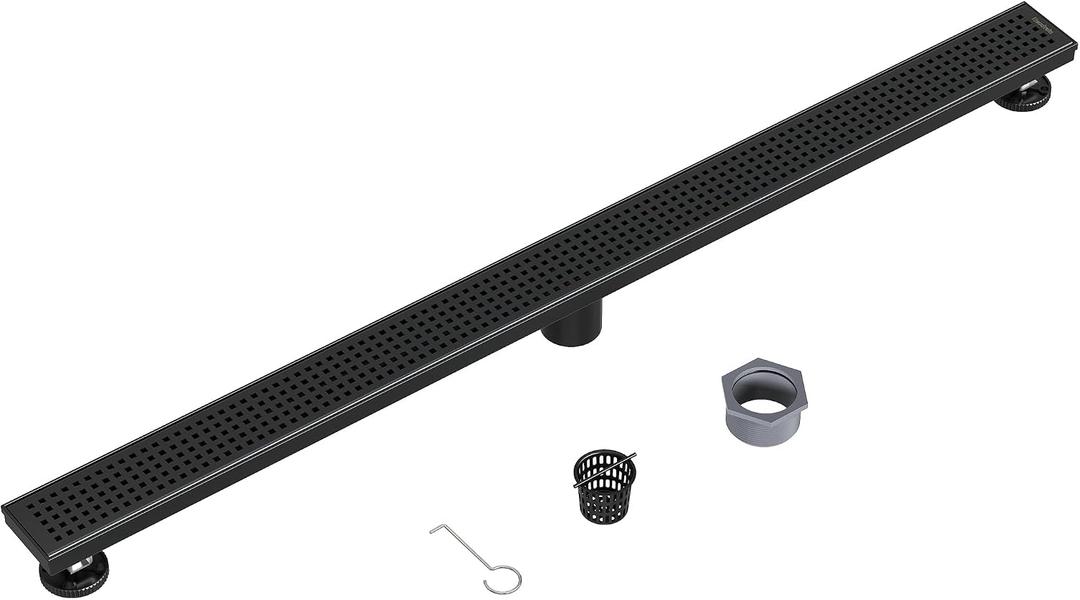 Neodrain 40" Black Linear Shower Drain with Removable Quadrato Pattern Cover, 304 Stainless Steel Rectangle Shower Floor Drains, Matte Black Linear Drain&Leveling Feet, Hair Strainer, CUPC Certified