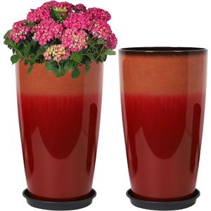 Neoaider Set of 2 Lightweight Ceramic-Look Tall Planter, 21 inch Large Plastic Planter with Drain Hole & Saucers, Large Outdoor Planters for Porch, Garden, Patio, Balcony(Fiery Red)