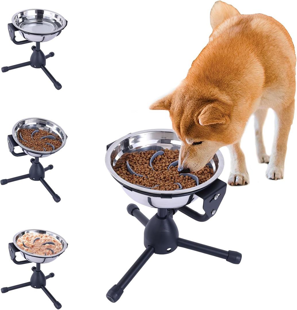 Elevated Slow Feeder Dog Bowl with Adjustable Stand, Height Adjustable Non-Slip Raised Dog Food Bowl for 30-70 lbs Dogs (Silver)