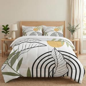 WeCozy Queen Size Comforter Set with 2 Pillowcases, Mid Century Leaf 3 Pcs Bedding for Kids and Adults, Summer Green Geometric Soft Comforter Set for Bedroom Bed Decor