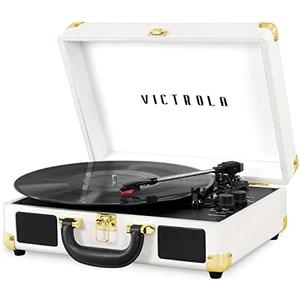 Victrola Journey Bluetooth Portable Suitcase Record Player – with Built-in Speakers, 3 Speed Vinyl Record Player, RCA Out, Headphone Jack (White)