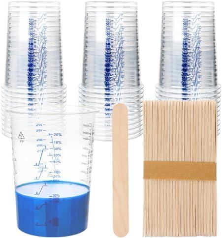 50 PACK Plastic Paint Mixing Cups, 20 oz (600ml) Disposable Liquid Measuring Cups with 50 Wooden Mixing Sticks, Measurement ratios: 2:1, 3:1, 4:1, Perfect for Epoxy Resin, Paint Mixing
