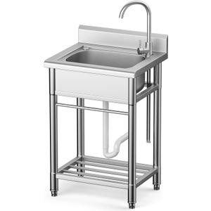 Utility Sink Free Standing Single Bowl Kitchen Sink with Cold and Hot Water Pipe Stainless Steel Sink for Garage Shop Laundry Room Farmhouse Mens Gifts Ourdoor Indoor, 23 Inch Stainless Steel