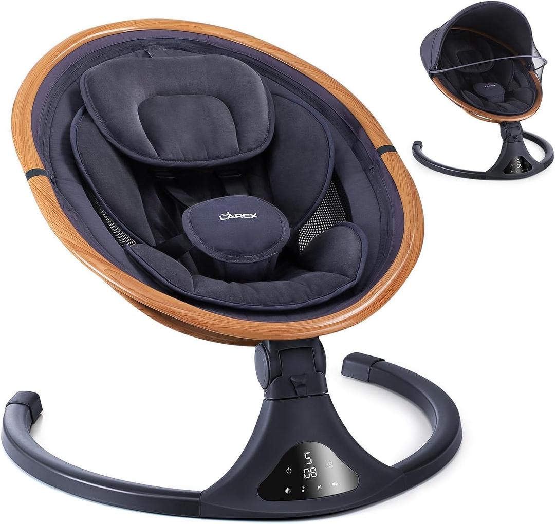 Baby Swing to Toddler Electric Infant Swing Portable for Newborn Boy Girl, 5 Sway Speeds with Remote Control, 12 Preset Melodies and Bluetooth, 0-6 Months Max 20 Lbs(Dark Wood Grain) | Portable Electric Infant Rocker with 5 Sway Speeds & Timers, 12 Melodies, 5-Point Harness, Max 20 lbs, 0-6 Months, Navy Blue
