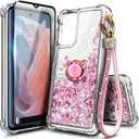 Compatible with Motorola Moto G-Stylus-5G-2024 Case, Rose Gold | Glitter Bling Sparkly Liquid Cute Phone Cover with Tempered Glass Screen Protector/Ring Holder/Diamond Wrist Strap Lanyard
