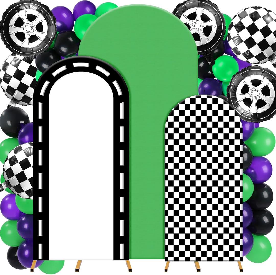 34 Pcs Arch Backdrop Covers Monster Truck Party Decorations 4ft 5ft 6ft Monster Truck Checkered Backdrop with Green Purple Black Balloon Backgrounds for Birthday Party Supplies