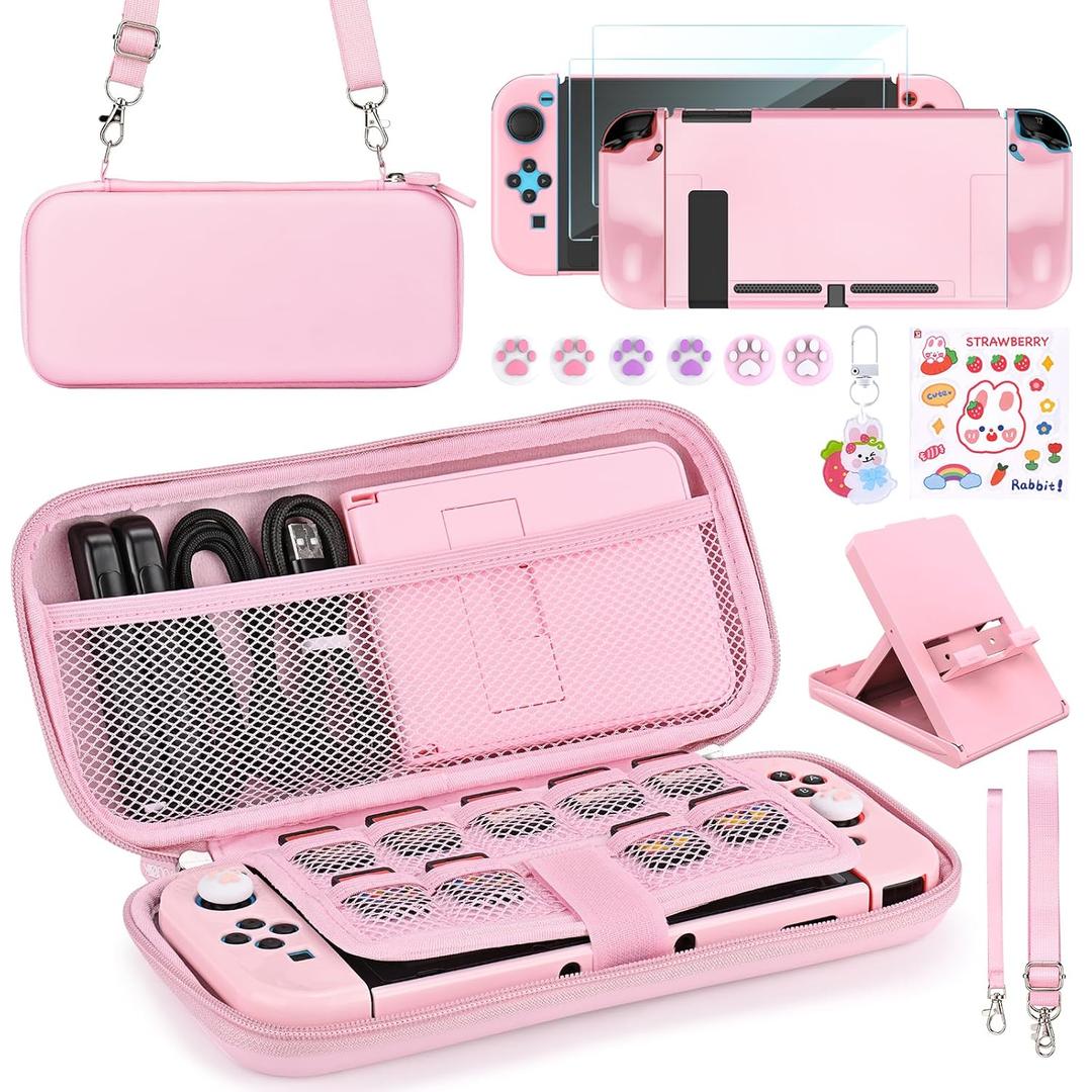 Younik Switch Accessories Bundle, 17 in 1 Pink Switch Accessories Kit for Girls Include Switch Carrying Case, Adjustable Stand, Protective Case for Switch Console & J-Con Pink