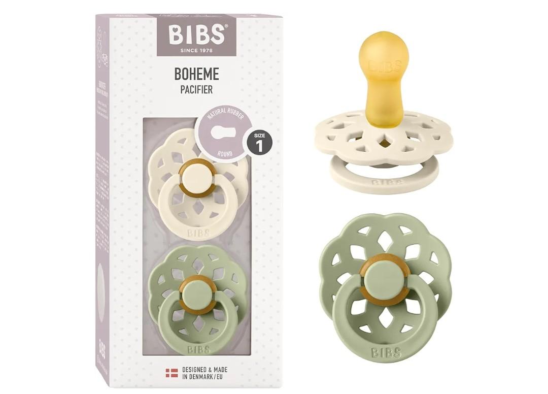 BIBS Pacifiers - Boheme Collection | BPA-Free Round Nipple | Nautral Rubber Latex | Made in Denmark | Set of 2 Ivory/Sage Color Premium Soothers | Size 0-6 Months. Size 1