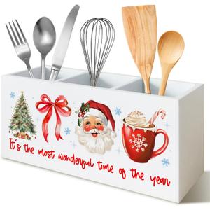 Red Christmas Kitchen Utensils Holder with 3 Compartments, Holiday Winter Christmas Cooking Utensil Holder Organizer for Countertop, Red Xmas Wooden Box Sign Desk Decor