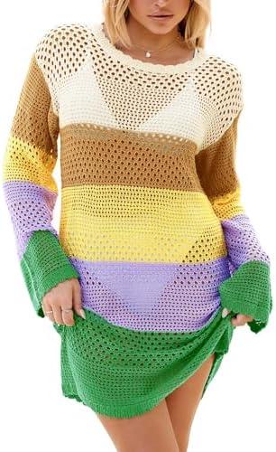 Langwyqu Women's Summer Crochet Swimsuit Coverup Long Sleeve Crewneck Color Block Bathing Suit Swimwear Cover Ups Beach Dress (Large, Pink)