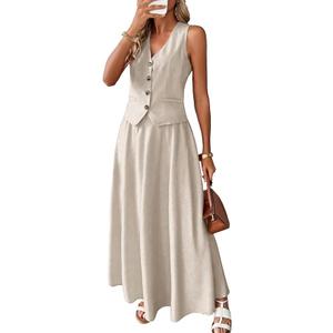 ELLEVEN 2 Piece Linen Sets for Women Summer Outfit,V-Neck Vest Top & Flowy Maxi Skirt, Small