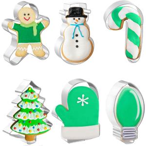Christmas Cookie Cutters 6 PCS, 4'', Gingerbread Man, Christmas Tree, Snowman, Light Bulb, Mitten