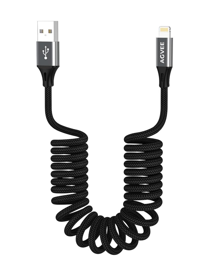 AGVEE 3ft Coiled Short USB to Lightning Charging Cable [MFI Certified] 3A Fast Charger Cord in Car for iPhone 14/13/12/11/XS/8/7/6/5 CarPlay, iPad, iPod, Dark Gray