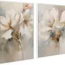 Kate and Laurel Sylvie Beaded Abstract Botanical Floral Linen Painting 1 and 2 Vintage Framed Canvas Wall Art Set by The Creative Bunch Studio, 2 Piece Set 23x33 White, Simple Floral Art for Wall