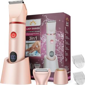 Bikini Trimmer for Women, 3 in 1 Electric Razors for Women, Waterproof Pubic Hair Trimmer and Facial Hair Remover, Rechargeable Electric Shaver for Underarm Leg Arm Body with LED Display, Pink