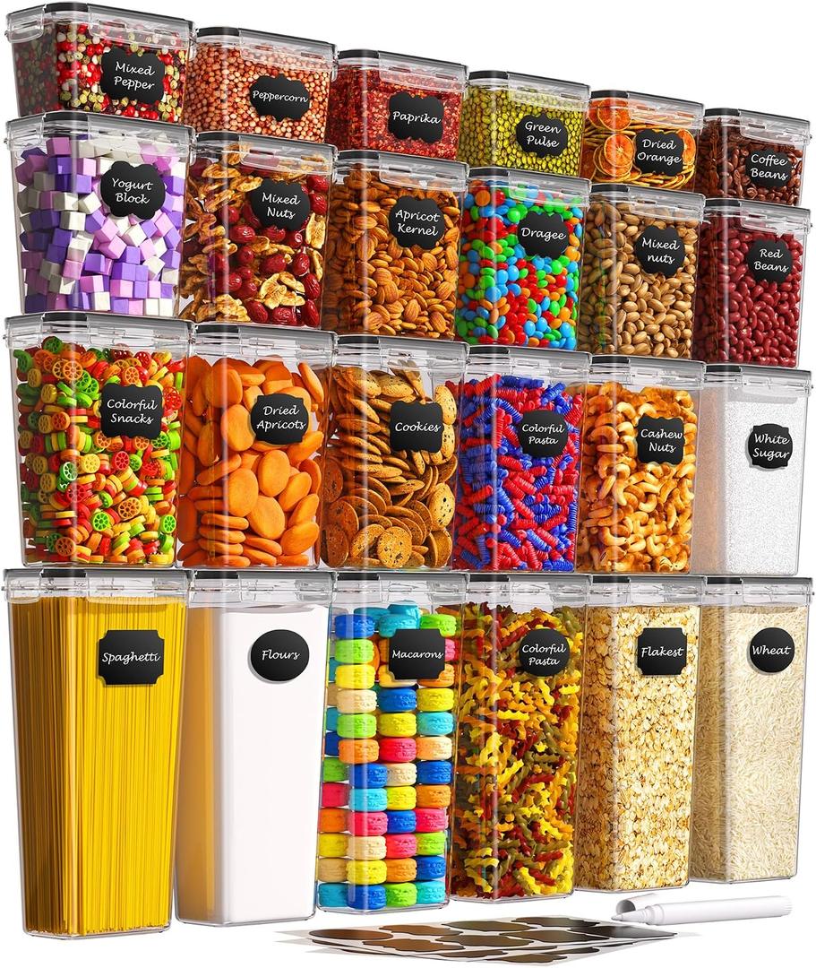 Airtight Food Storage Containers with Lids, 24 PCS Kitchen and Pantry Organization Canisters, BPA-Free, PVC-Free, Food-grade Plastic Leak-proof Jars for Cereal, Flour, Sugar, Extra 24 Labels & Marker, Multiple Sizes