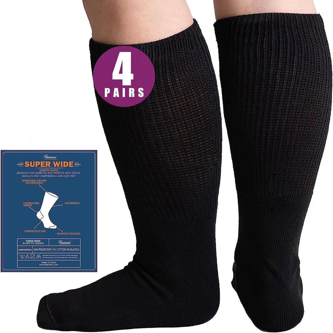 Bulinlulu Extra Width Socks for Swollen Feet-4 Pairs Bariatric Hospital Socks,Lymphedema Diabetic Socks for Women Men 13-15 (One Size, Black)