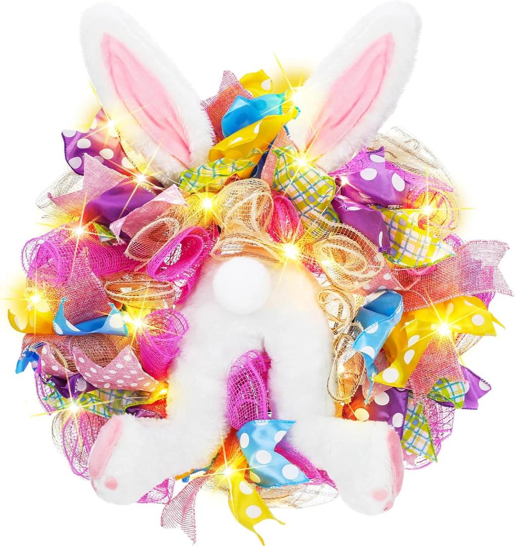 ShinyRelief Easter Bunny Wreath with LED Lights Rabbit Butt Ear Easter Door Decorations 17.7 inches Window Wall Decor Spring Holiday Garland for Front Door Indoor Outdoor Supplies
