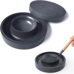 Chinese Calligraphy Inkstone, Sumi Ink Stone with Water Circle Prevent Dry, Dual circle Natural Stone Ink Dish with Lid for Sumi Calligraphy liquid ink & inkstick, Dia. 4.9"