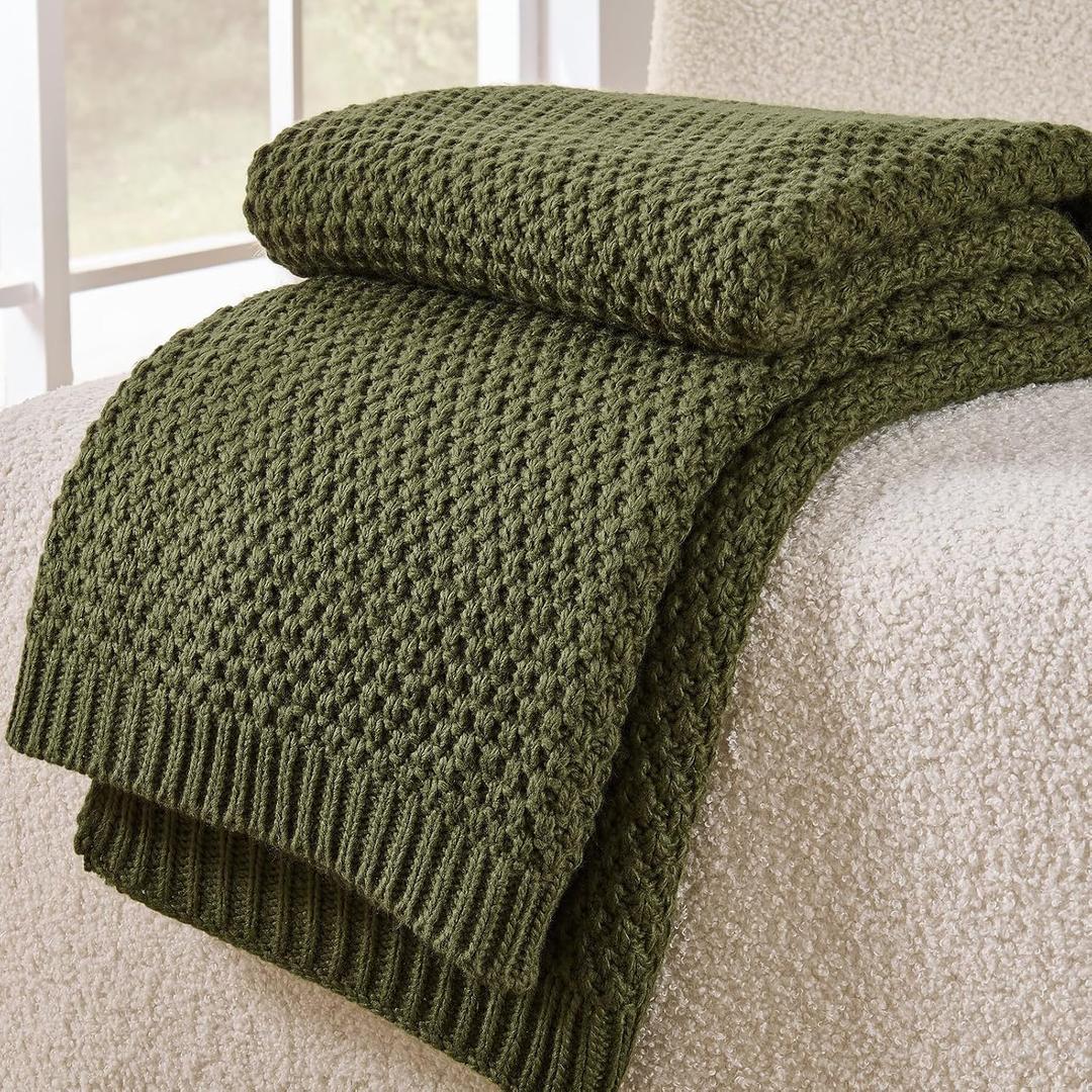 Olive Green Throw Blanket, Knit Throw Blanket for Couch, Soft Cozy Warm Reversible Lightweight Decorative Moss Stitch Cable Knitted Blankets for Bed, 60x80 Inches, Olive