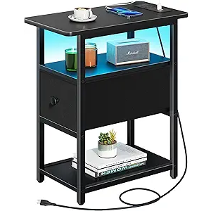 Yoobure End Table with Charging Station, Narrow Side Table with Adjustable Fabric Drawer, 3-Tier End Tables Living Room, Small Nightstand with Outlets, LED Skinny Night Stand for Bedroom Small Spaces