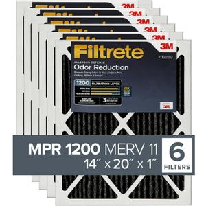 Filtrete 14x20x1 Air Filter, MPR 1200, MERV 11, Allergen Defense Odor Reduction 3-Month Pleated 1-Inch Air Filters, 6 Filters