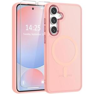 WRJ for Samsung Galaxy S25 Plus Case,Galaxy S24 Plus Case with Screen Protector,[Compatible with Magsafe] Slim Matte Translucent Magnetic Women Men Shockproof Protective Cover-Pink