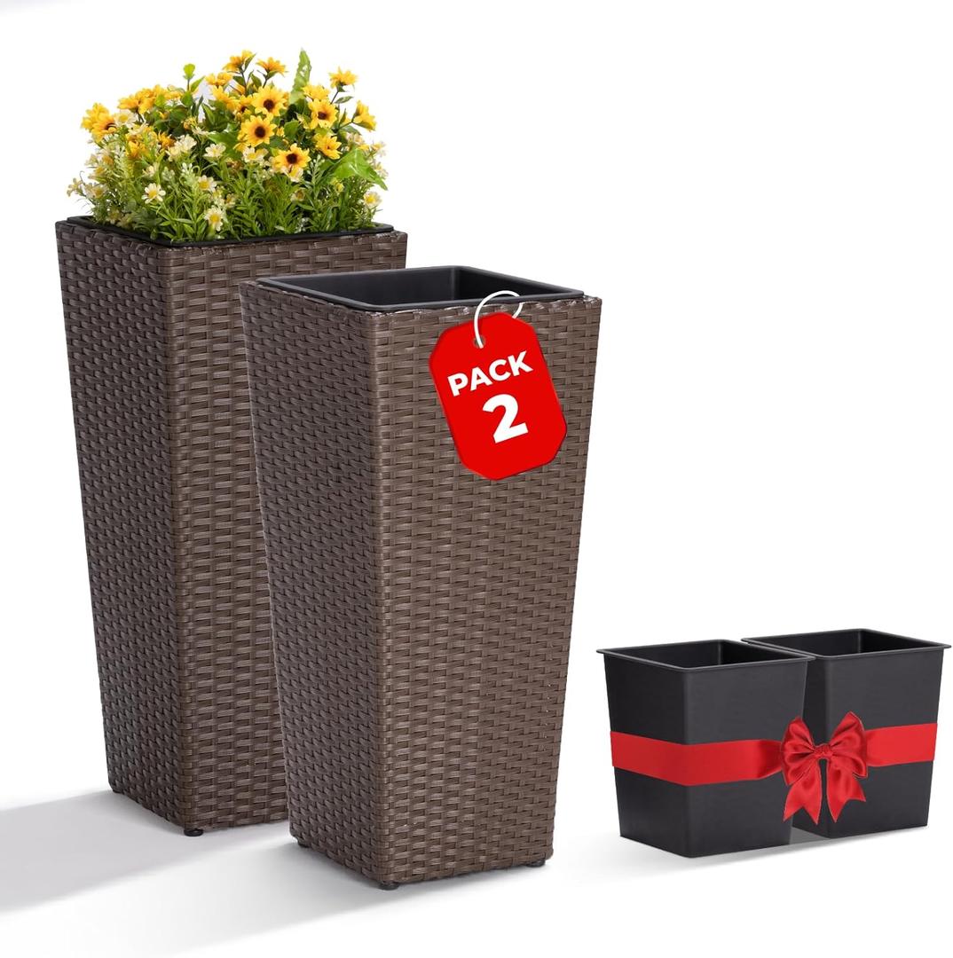 Idzo All Weather Wicker Planters for Outdoor Plants Set of 2, 24 inch Tall Planter for Front Porch, Patio, Balcony, Indoor Usage - Square Rattan Flower Pots, Mocha