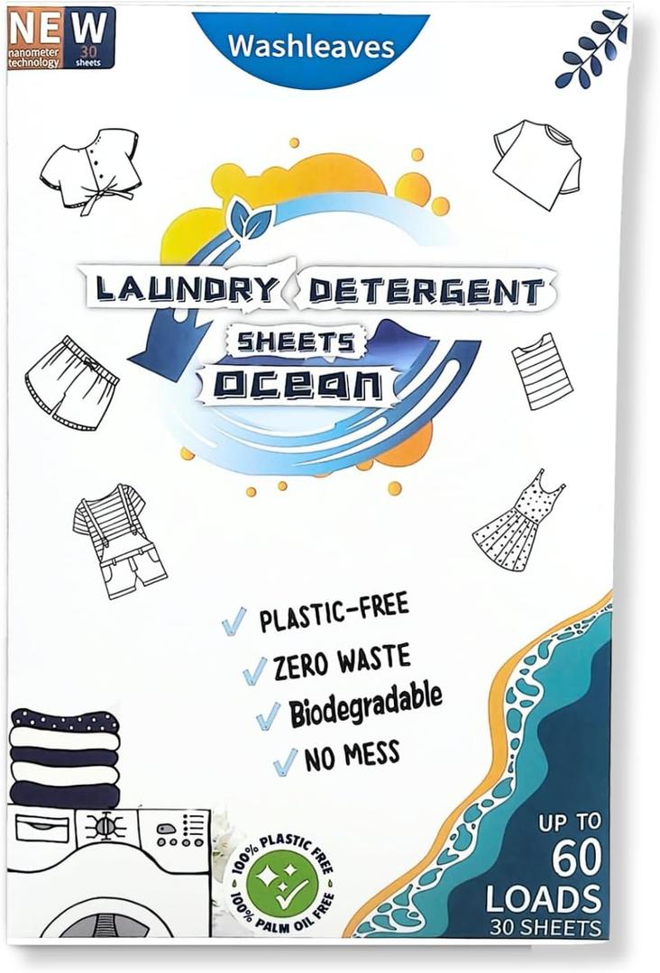 Laundry Sheets Plastic Free Laundry Detergent Compact & Portable, Concentrated Laundry Soap for Home & Travel (30-60-loads, Ocean) (60 Count (Pack of 1))