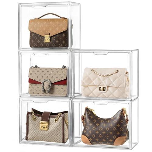 HBlife 5 Pack Purse Storage Organizer for Closet, Medium Clear Stackable Handbag Display Case Box with Magnetic Door for Collectibles, Cosmetics, Women Heels and Toys