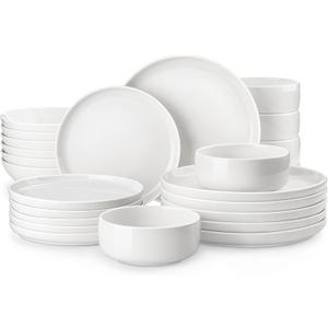 MALACASA Plates and Bowls Sets, 24 Pieces Modern Porcelain Dinnerware Set for 6 Ceramic Dishware Dishes White Kitchen Dinner Dining Ware Set Microwave and Dishwasher Safe, Series LUNA
