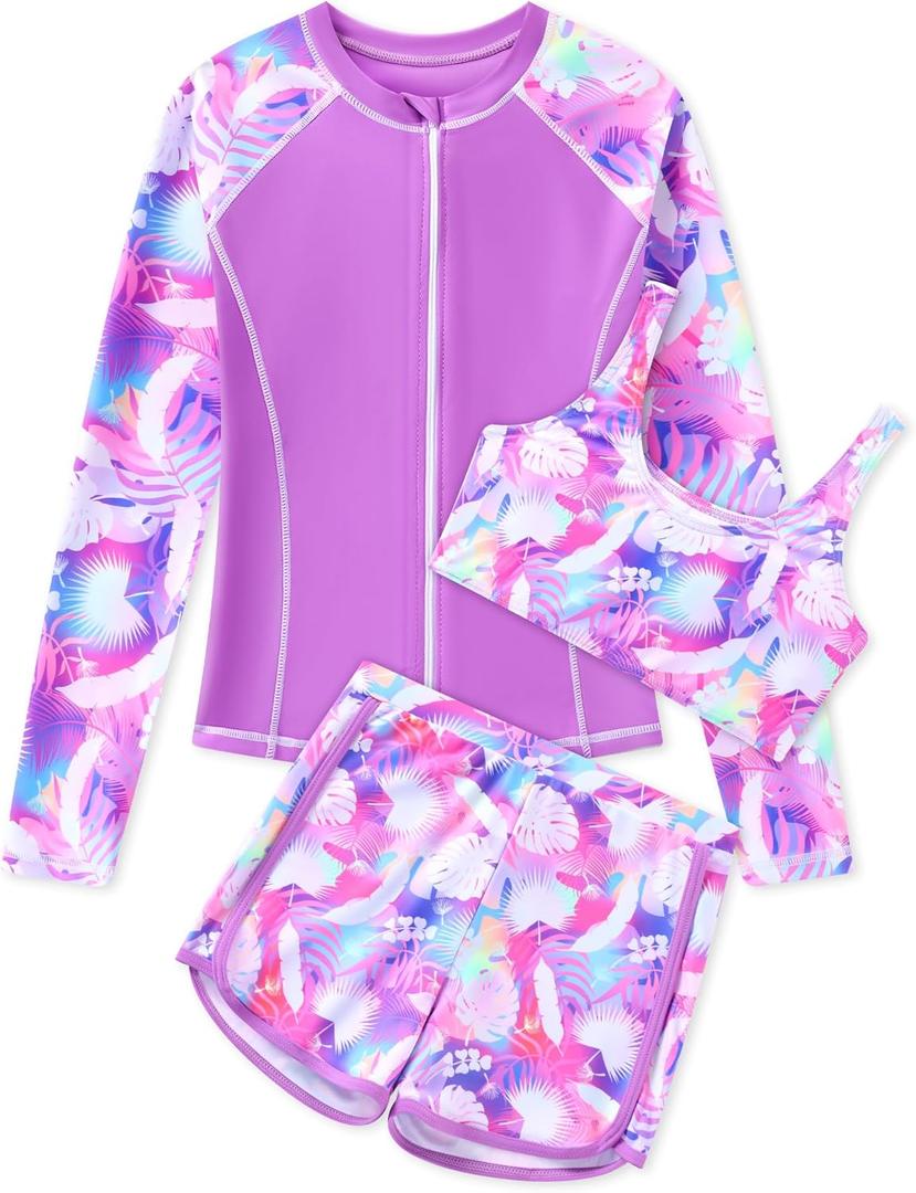 Ghteas Girls Swimming Set with Swim Trunks Long Sleeve Rash Guard Swimsuit and Tank Top 3 Piece Bathing Suit for Beach Trip Holiday Youths Girl Swimwear 13-14 Years Pink