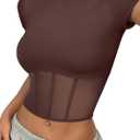 REORIA Women's Sexy Round Neck Short Sleeve Tees Summer Sheer Mesh T Shirt Trendy Y2K Going Out Crop Tops (Pink, M)